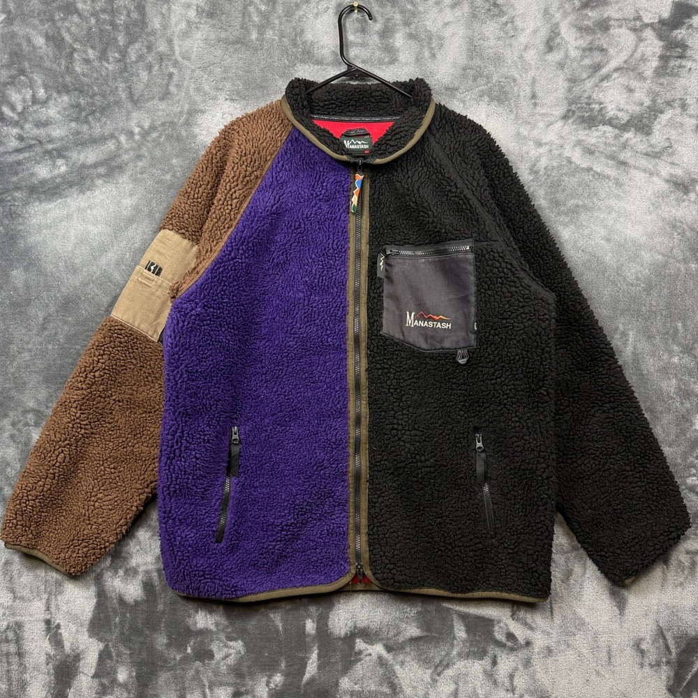 Manastash Bigfoot Fleece Jacket Mens XL Purple Black Brown Colorblock Sherpa Zip